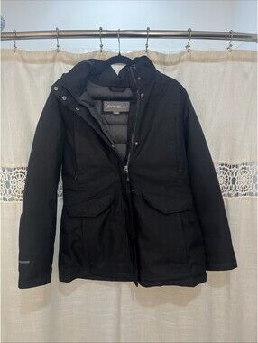 Eddie Bauer  Womens Medium Jacket Black Goose Down Coat Hooded